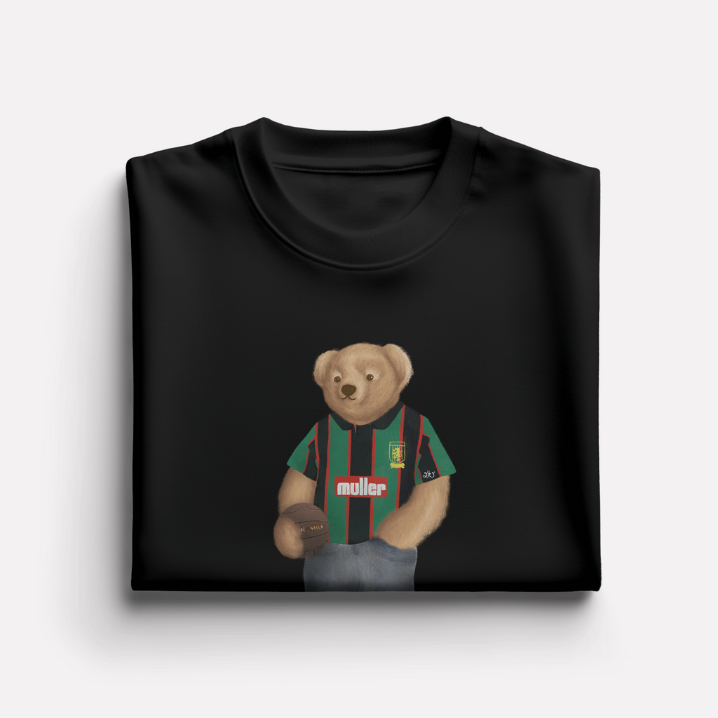 Black sweatshirt with a aston villa bear wearing a sports jersey on a white background