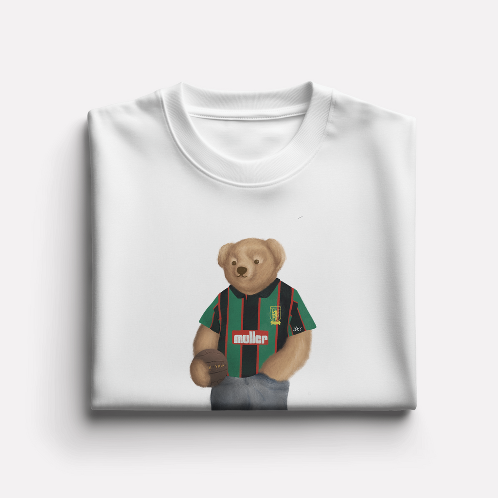 White t-shirt with a aston villa bear graphic wearing a sports jersey on a white background
