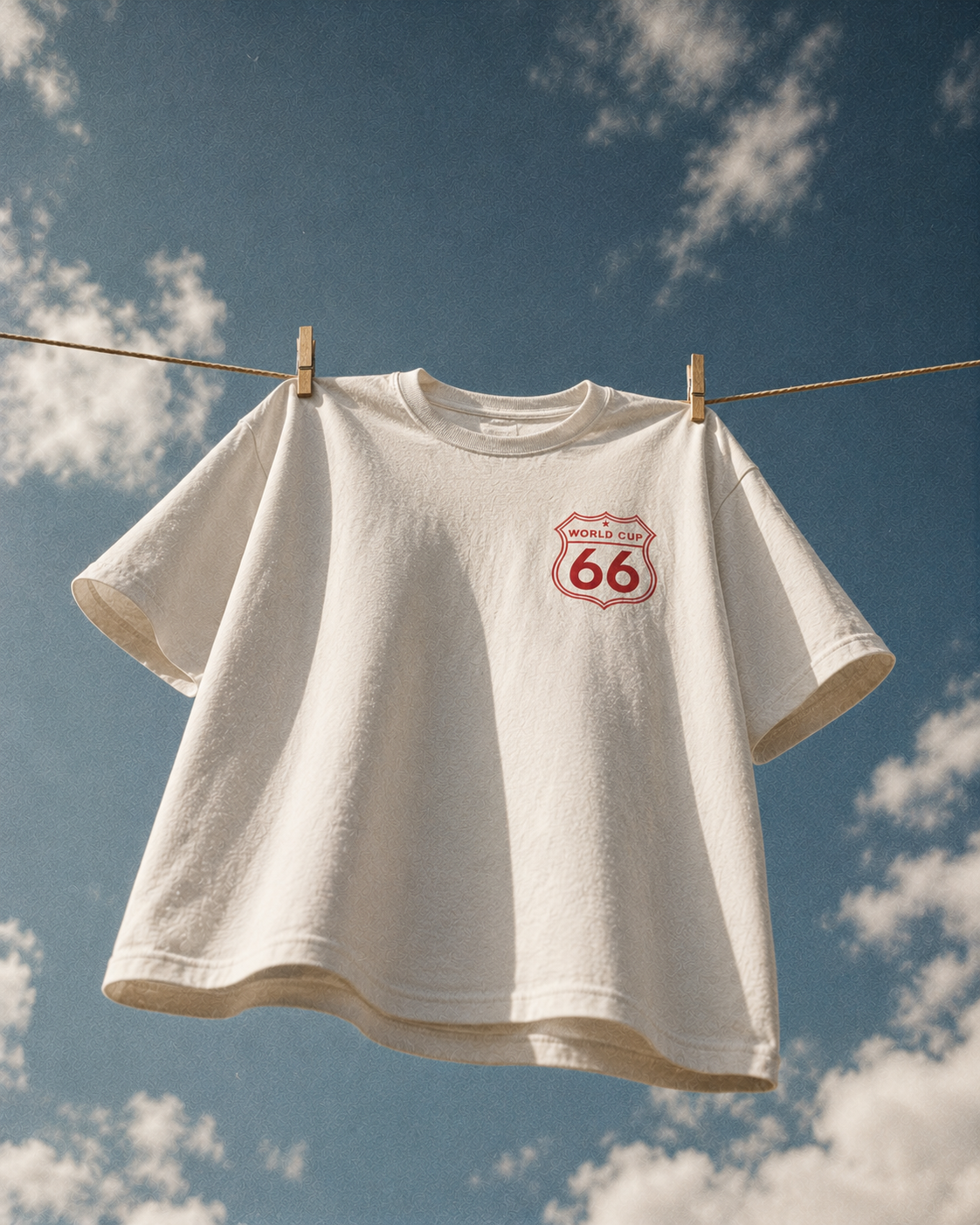 White t-shirt with red logo hanging on a clothesline against a blue sky.
