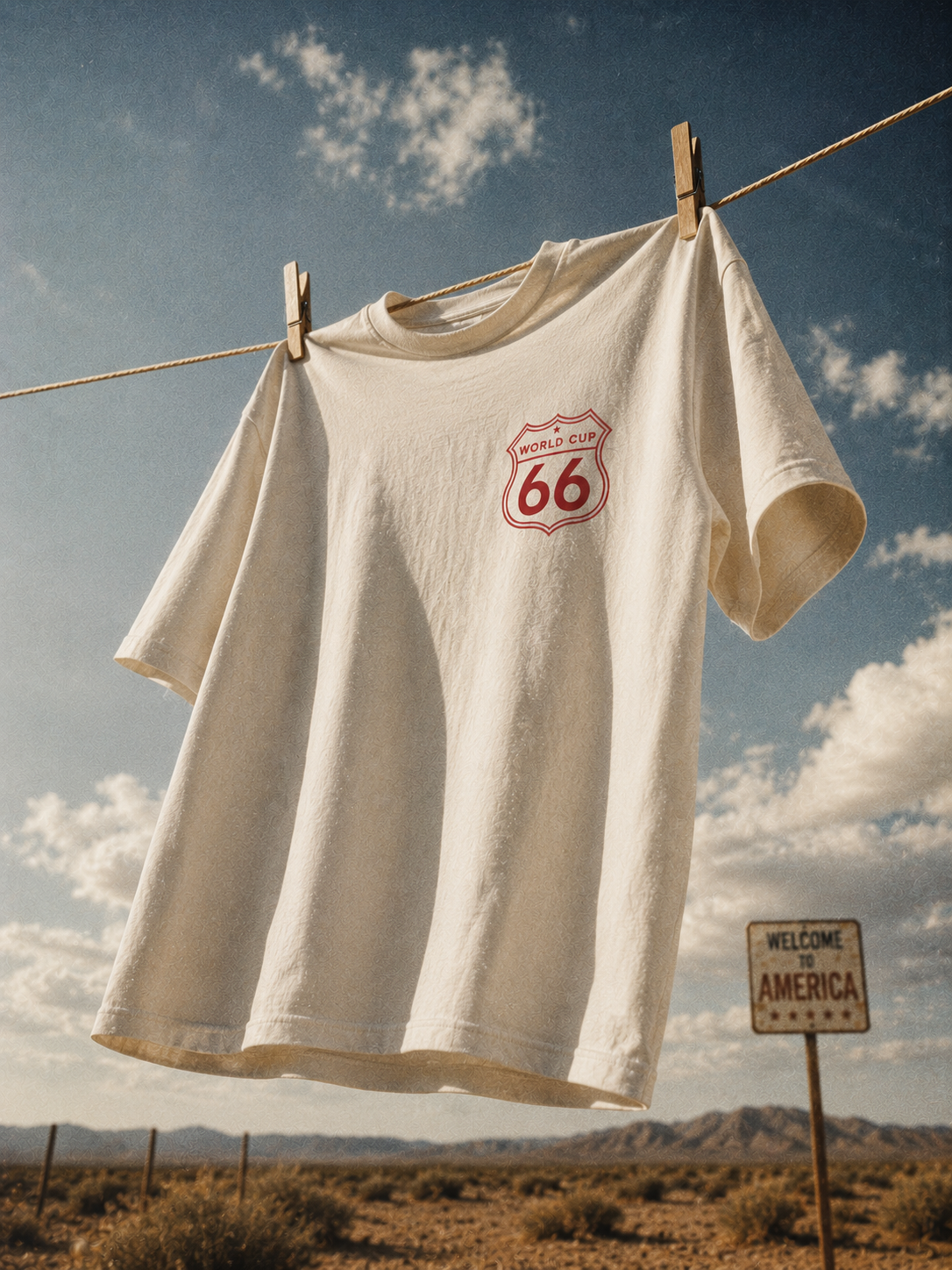 White t-shirt with Route 66 logo hanging on a clothesline against a desert backdrop with 'Welcome to America' sign.